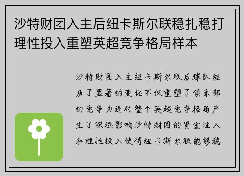 沙特财团入主后纽卡斯尔联稳扎稳打理性投入重塑英超竞争格局样本 沙特财团入主后纽卡斯尔联稳扎稳打理性投入重塑英超竞争格局样本
